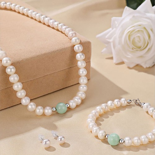 925 Sterling Silver Natural Pearl Jade Healing Jewelry Set 925 Sterling Silver Natural Pearl Jade Healing Jewelry Set