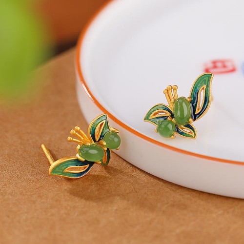 925 Sterling Silver Plated Gold Cyan Jade Butterfly Healing Earrings 925 Sterling Silver Plated Gold Cyan Jade Butterfly Healing Earrings