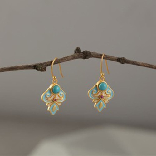 Copper Enamel Turquoise Positive Drop Earrings