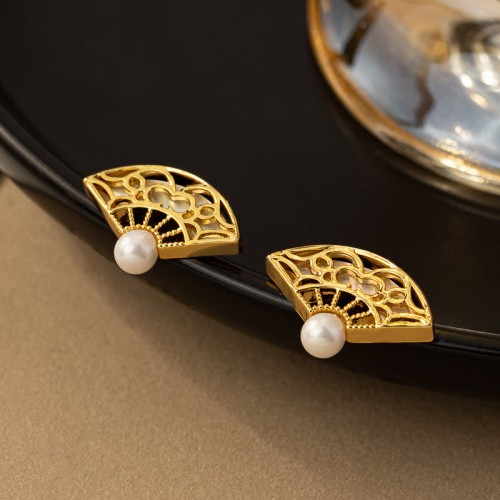 925 Sterling Silver Fan Pattern Pearl Copper Wisdom Stud Earrings 925 Sterling Silver Fan Pattern Pearl Copper Wisdom Stud Earrings