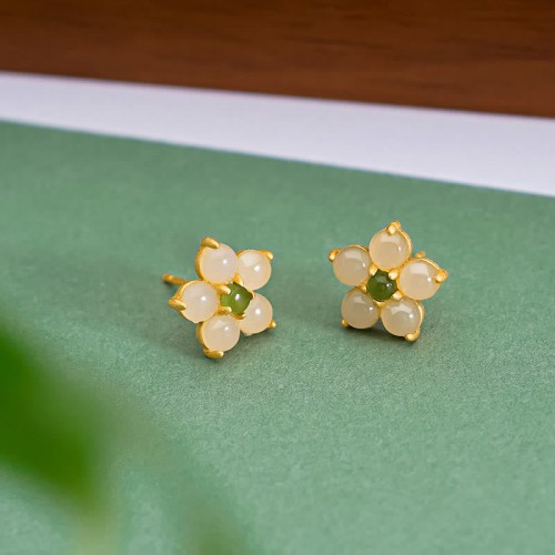 925 Sterling Silver Hetian Jade Luck Flower Stud Earrings 925 Sterling Silver Hetian Jade Luck Flower Stud Earrings