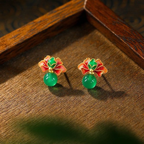 925 Sterling Silver Green Chalcedony Good Luck Lotus Stud Earrings 925 Sterling Silver Green Chalcedony Good Luck Lotus Stud Earrings