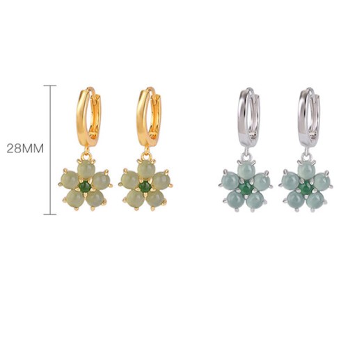 925 Sterling Silver Plated Gold Green Jade Flower Earrings 925 Sterling Silver Plated Gold Green Jade Flower Earrings