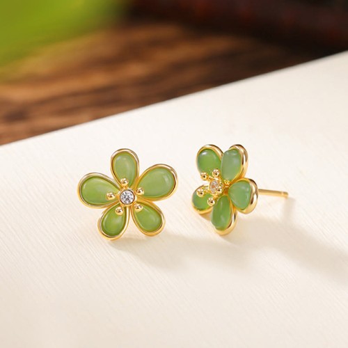 925 Sterling Silver Hetian Jade Abundance Luck Earrings