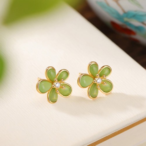 925 Sterling Silver Hetian Jade Abundance Luck Earrings