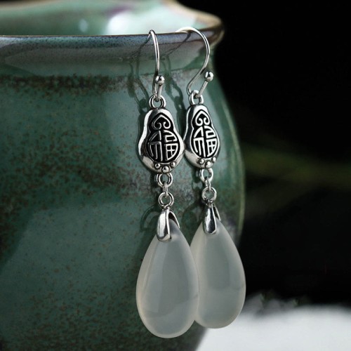 925 Sterling Silver Chalcedony Fu Character Positive Earrings 925 Sterling Silver Chalcedony Fu Character Positive Earrings