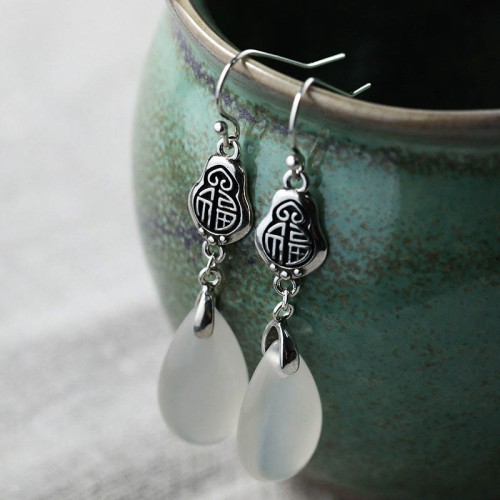 925 Sterling Silver Chalcedony Fu Character Positive Earrings 925 Sterling Silver Chalcedony Fu Character Positive Earrings