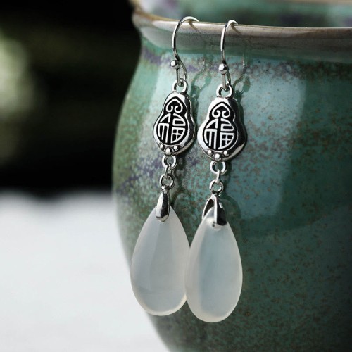 925 Sterling Silver Chalcedony Fu Character Positive Earrings 925 Sterling Silver Chalcedony Fu Character Positive Earrings