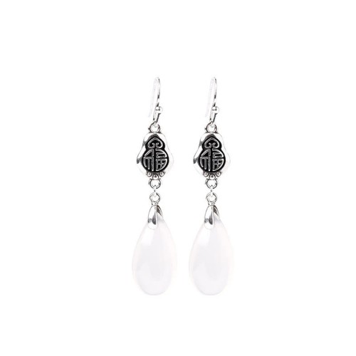 925 Sterling Silver Chalcedony Fu Character Positive Earrings 925 Sterling Silver Chalcedony Fu Character Positive Earrings