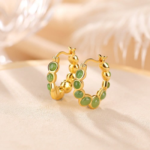 925 Silver Gold-Plated Hetian Cyan Jade Pea Earrings 925 Silver Gold-Plated Hetian Cyan Jade Pea Earrings