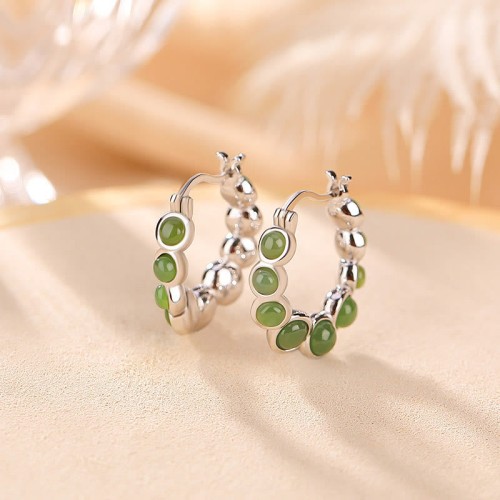 925 Silver Gold-Plated Hetian Cyan Jade Pea Earrings 925 Silver Gold-Plated Hetian Cyan Jade Pea Earrings