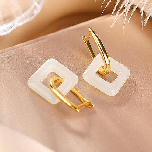 925 Sterling Silver Hetian Jade Geometric Square Earrings 925 Sterling Silver Hetian Jade Geometric Square Earrings