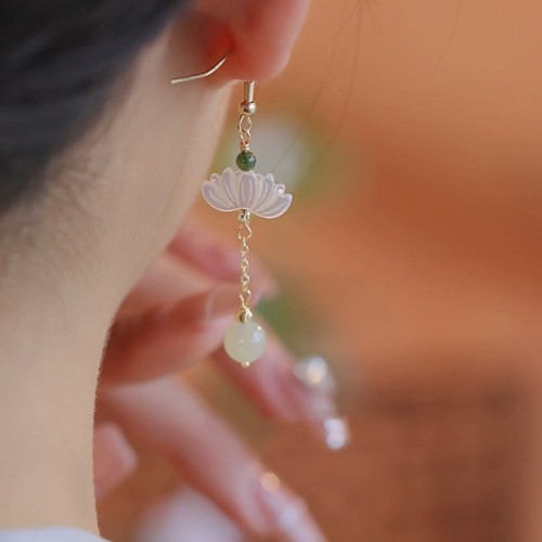Hetian Jade Lotus Prosperity Earrings Hetian Jade Lotus Prosperity Earrings