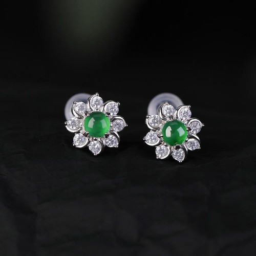 925 Sterling Silver Round Jade Flower Prosperity Earrings 925 Sterling Silver Round Jade Flower Prosperity Earrings
