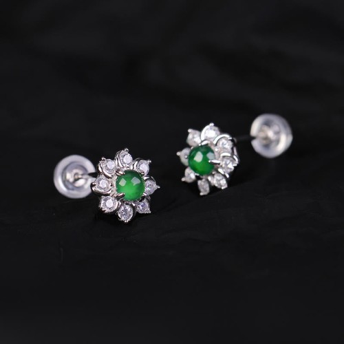 925 Sterling Silver Round Jade Flower Prosperity Earrings 925 Sterling Silver Round Jade Flower Prosperity Earrings