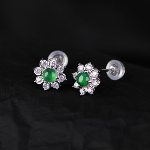 925 Sterling Silver Round Jade Flower Prosperity Earrings 925 Sterling Silver Round Jade Flower Prosperity Earrings