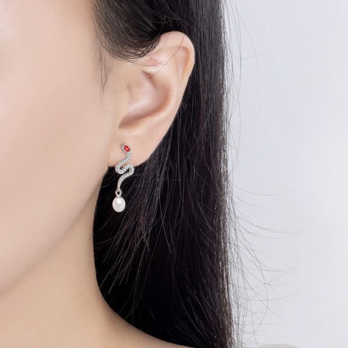 925 Sterling Silver Pearl Snake Year Blessing Earrings