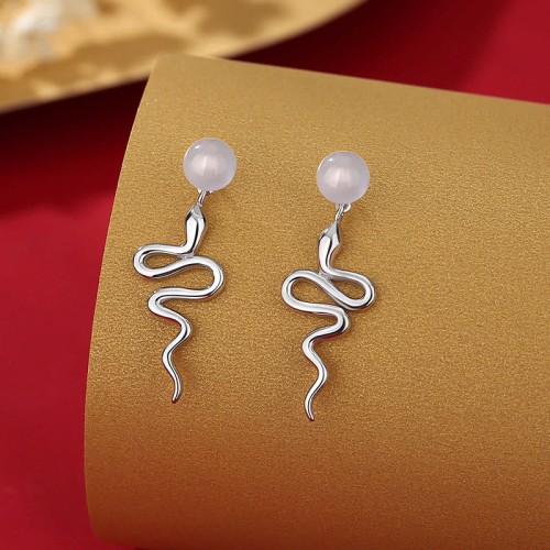 925 Sterling Silver Red Agate Chalcedony Snake Year Blessing Earrings