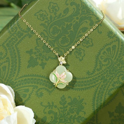 925 Sterling Silver Magnolia Butterfly Hetian Jade Blessing Jewelry Set