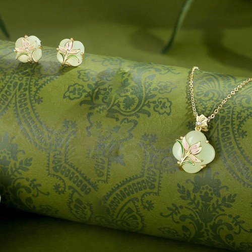925 Sterling Silver Magnolia Butterfly Hetian Jade Blessing Jewelry Set