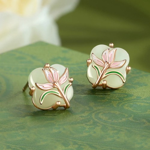 925 Sterling Silver Magnolia Butterfly Hetian Jade Blessing Jewelry Set