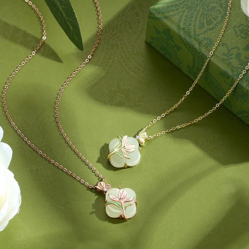 925 Sterling Silver Magnolia Butterfly Hetian Jade Blessing Jewelry Set