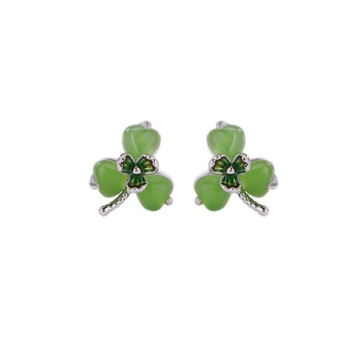 925 Sterling Silver Enamel Hetian Jade Shamrock Earrings 925 Sterling Silver Enamel Hetian Jade Shamrock Earrings