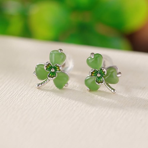 925 Sterling Silver Enamel Hetian Jade Shamrock Earrings 925 Sterling Silver Enamel Hetian Jade Shamrock Earrings