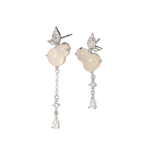 Hetian Jade Magnolia Chalcedony Butterfly Gourd Luck Earrings Hetian Jade Magnolia Chalcedony Butterfly Gourd Luck Earrings