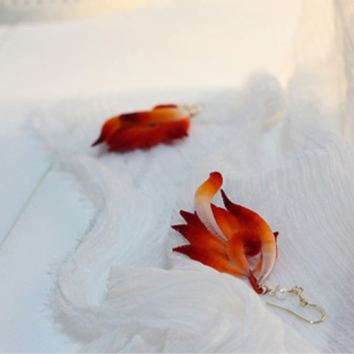 14K Gold-Plated Copper Velvet Flower Mulberry Silk Feather Earrings