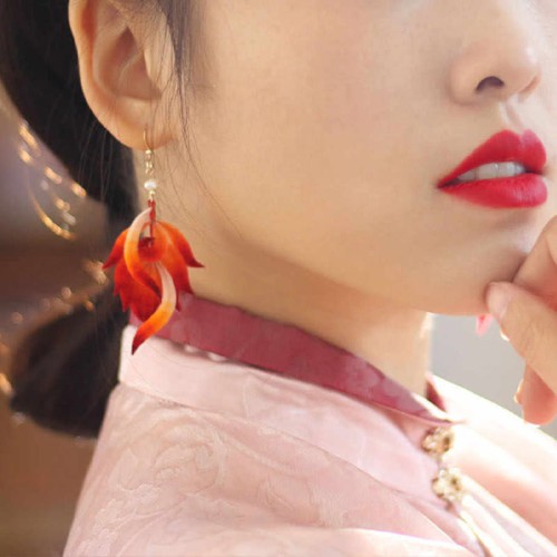 14K Gold-Plated Copper Velvet Flower Mulberry Silk Feather Earrings