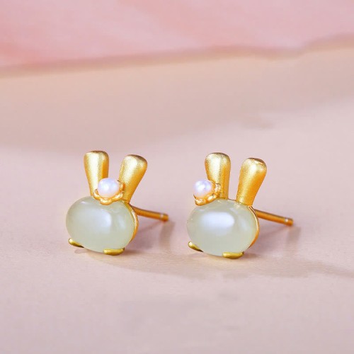 925 Sterling Silver Hetian Jade Rabbit Pearl Abundance Earrings 925 Sterling Silver Hetian Jade Rabbit Pearl Abundance Earrings
