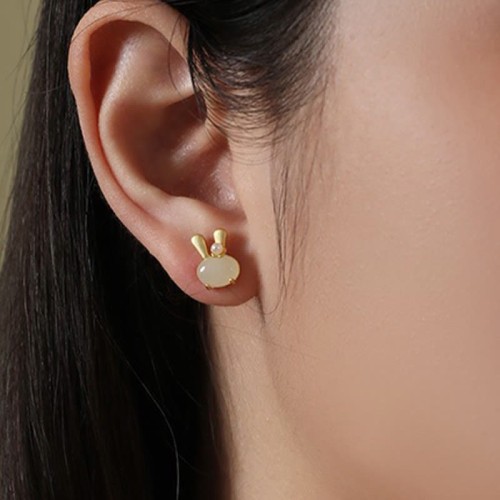 925 Sterling Silver Hetian Jade Rabbit Pearl Abundance Earrings 925 Sterling Silver Hetian Jade Rabbit Pearl Abundance Earrings