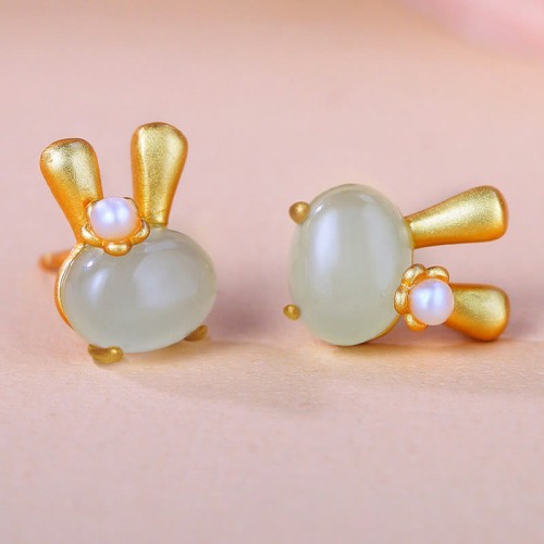 925 Sterling Silver Hetian Jade Rabbit Pearl Abundance Earrings 925 Sterling Silver Hetian Jade Rabbit Pearl Abundance Earrings