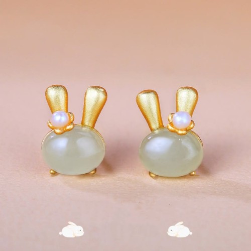 925 Sterling Silver Hetian Jade Rabbit Pearl Abundance Earrings 925 Sterling Silver Hetian Jade Rabbit Pearl Abundance Earrings