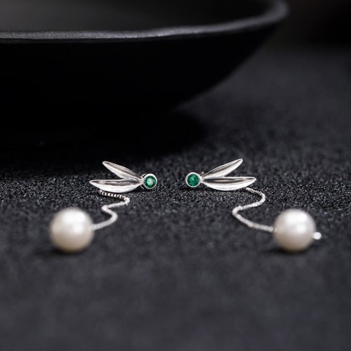 925 Sterling Silver Zircon Pearl Bamboo Leaves Protection Earrings