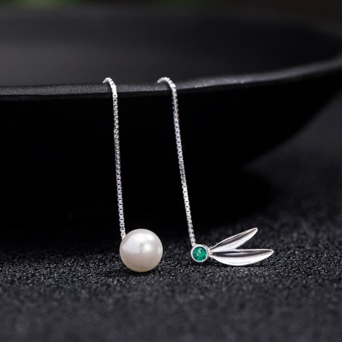 925 Sterling Silver Zircon Pearl Bamboo Leaves Protection Earrings