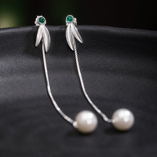 925 Sterling Silver Zircon Pearl Bamboo Leaves Protection Earrings