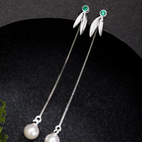 925 Sterling Silver Zircon Pearl Bamboo Leaves Protection Earrings