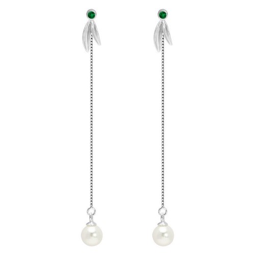 925 Sterling Silver Zircon Pearl Bamboo Leaves Protection Earrings