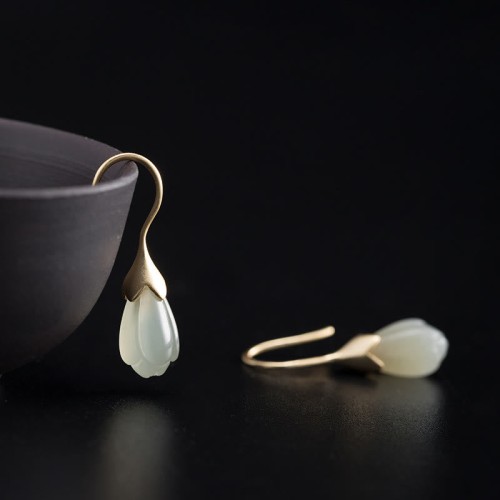 925 Sterling Silver Hetian Jade Magnolia Abundance Earrings 925 Sterling Silver Hetian Jade Magnolia Abundance Earrings