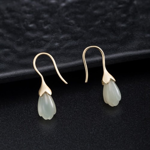 925 Sterling Silver Hetian Jade Magnolia Abundance Earrings 925 Sterling Silver Hetian Jade Magnolia Abundance Earrings