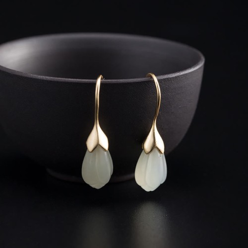 925 Sterling Silver Hetian Jade Magnolia Abundance Earrings 925 Sterling Silver Hetian Jade Magnolia Abundance Earrings