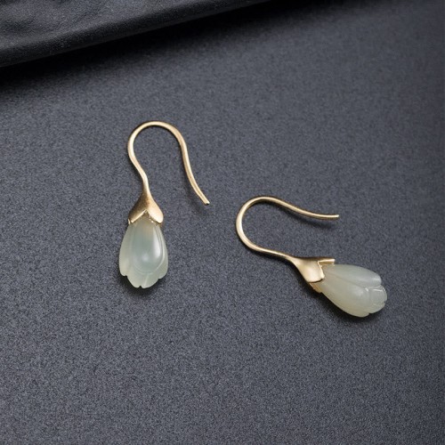 925 Sterling Silver Hetian Jade Magnolia Abundance Earrings 925 Sterling Silver Hetian Jade Magnolia Abundance Earrings