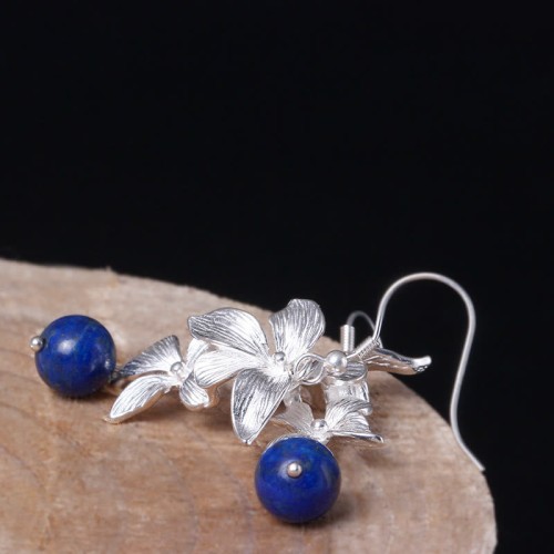 925 Sterling Silver Lazurite Ethnic Flower Earrings 925 Sterling Silver Lazurite Ethnic Flower Earrings