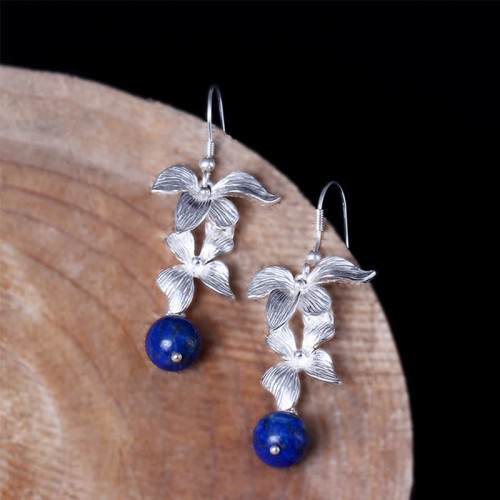 925 Sterling Silver Lazurite Ethnic Flower Earrings 925 Sterling Silver Lazurite Ethnic Flower Earrings