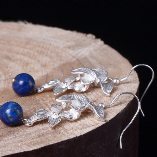 925 Sterling Silver Lazurite Ethnic Flower Earrings 925 Sterling Silver Lazurite Ethnic Flower Earrings