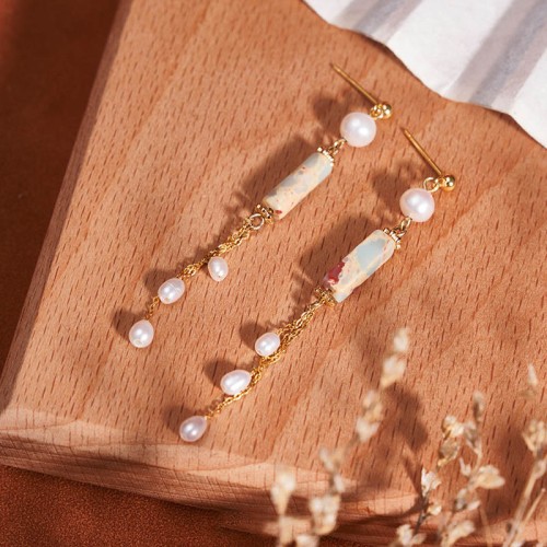 925 Sterling Silver Shoushan Stone Pearl Healing Drop Earrings