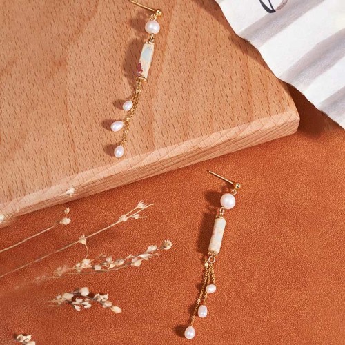 925 Sterling Silver Shoushan Stone Pearl Healing Drop Earrings