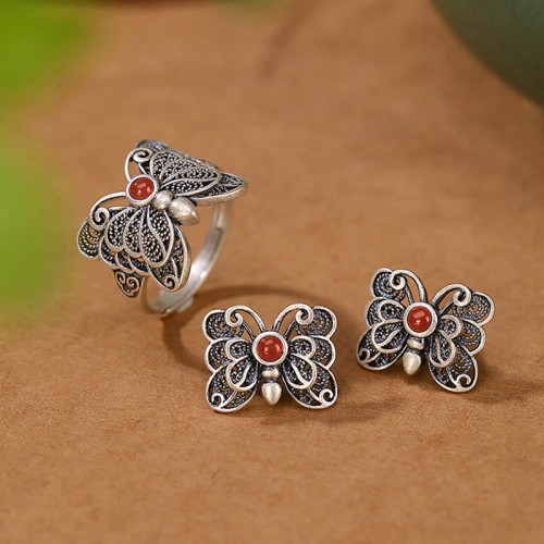 925 Sterling Silver Red Agate Butterfly Self-acceptance Jewelry Set 925 Sterling Silver Red Agate Butterfly Self-acceptance Jewelry Set